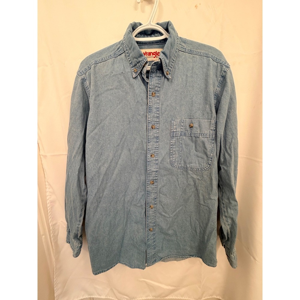 Wrangler Rugged Wear Mens Denim Shirt Light Wash Long Sleeve Button Down Medium